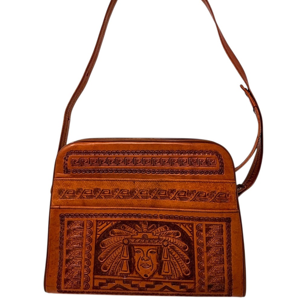 Vintage Mexican Hand Tooled Leather Shoulder Bag Aztec Mayan Warrior Sun Purse - Picture 3 of 13